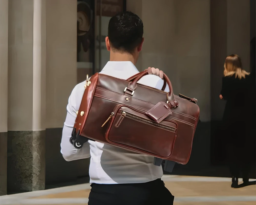 leather carry on duffel bag with wheels